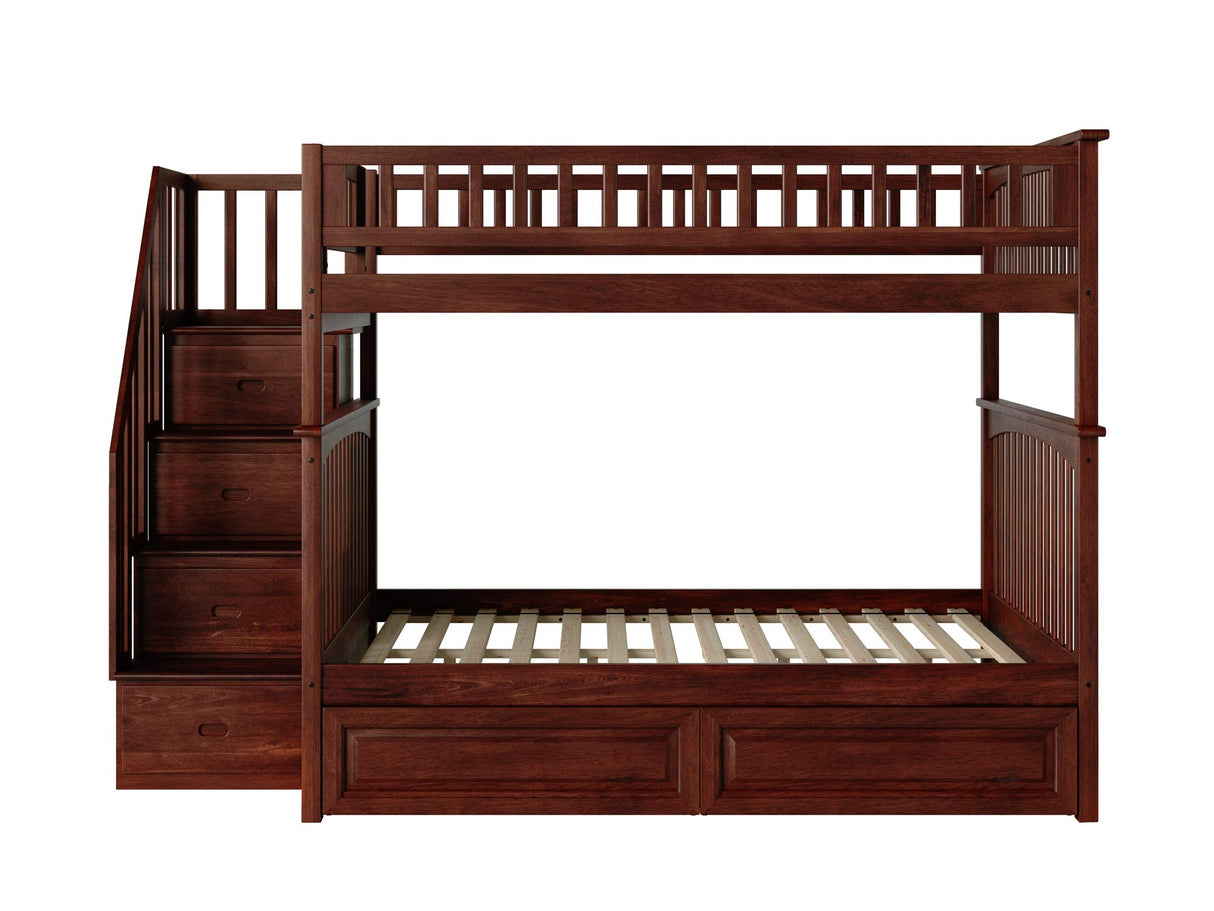 Columbia Full Over Full Size Staircase Bunk Bed with Raised Panel Bed Drawers in Walnut