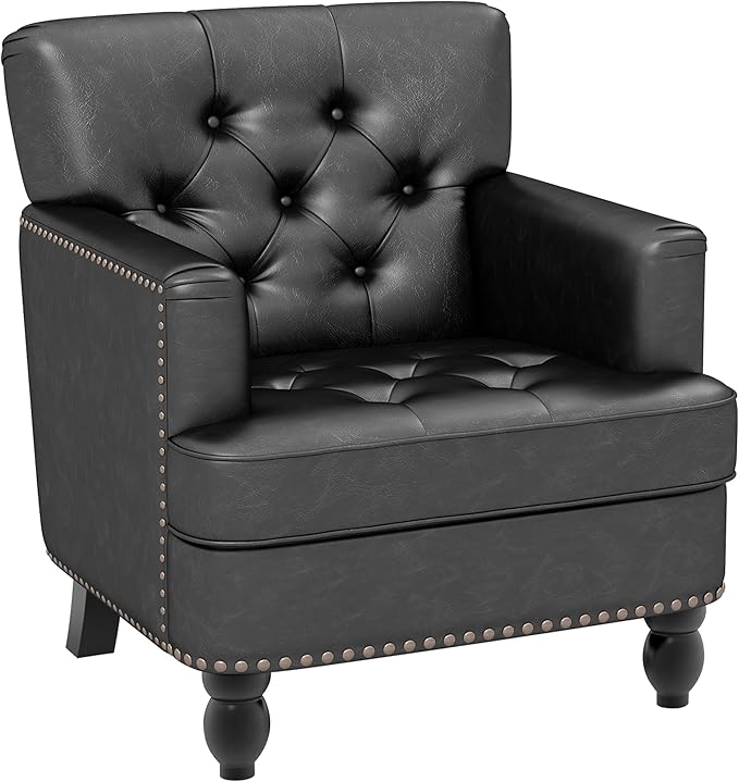 Faux Leather Accent Chair Set of 2, Upholstered Button Tufted Armchair Club Reading