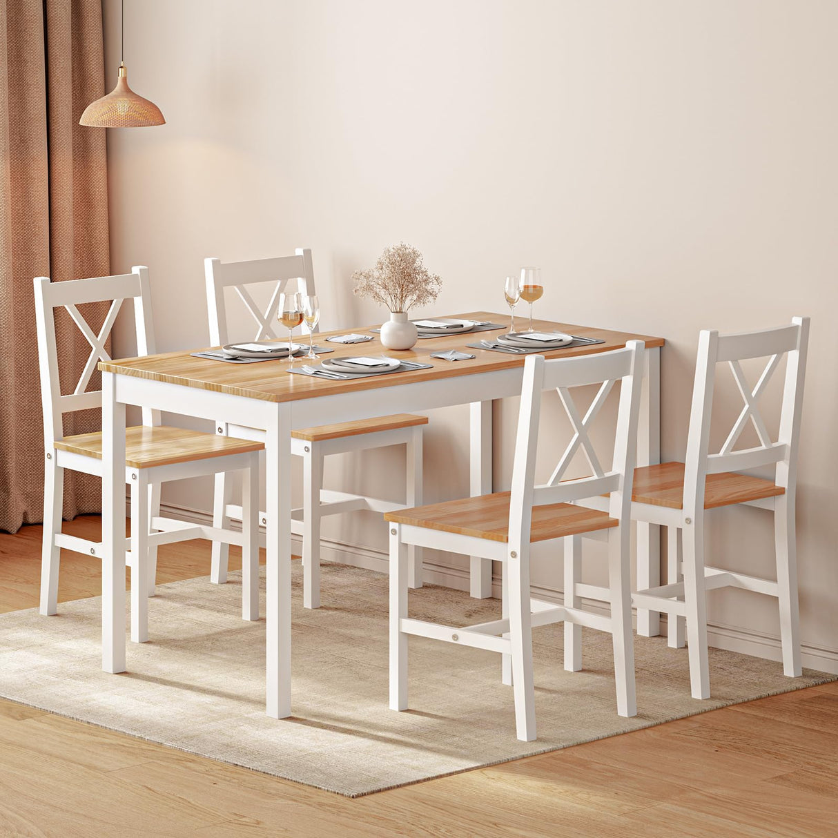 SogesPower 4-Person Dining Table Set 5 Pieces, Wood Kitchen Table Set with 4 Chairs for Kitchen Dining Room Restaurant, White&Oak