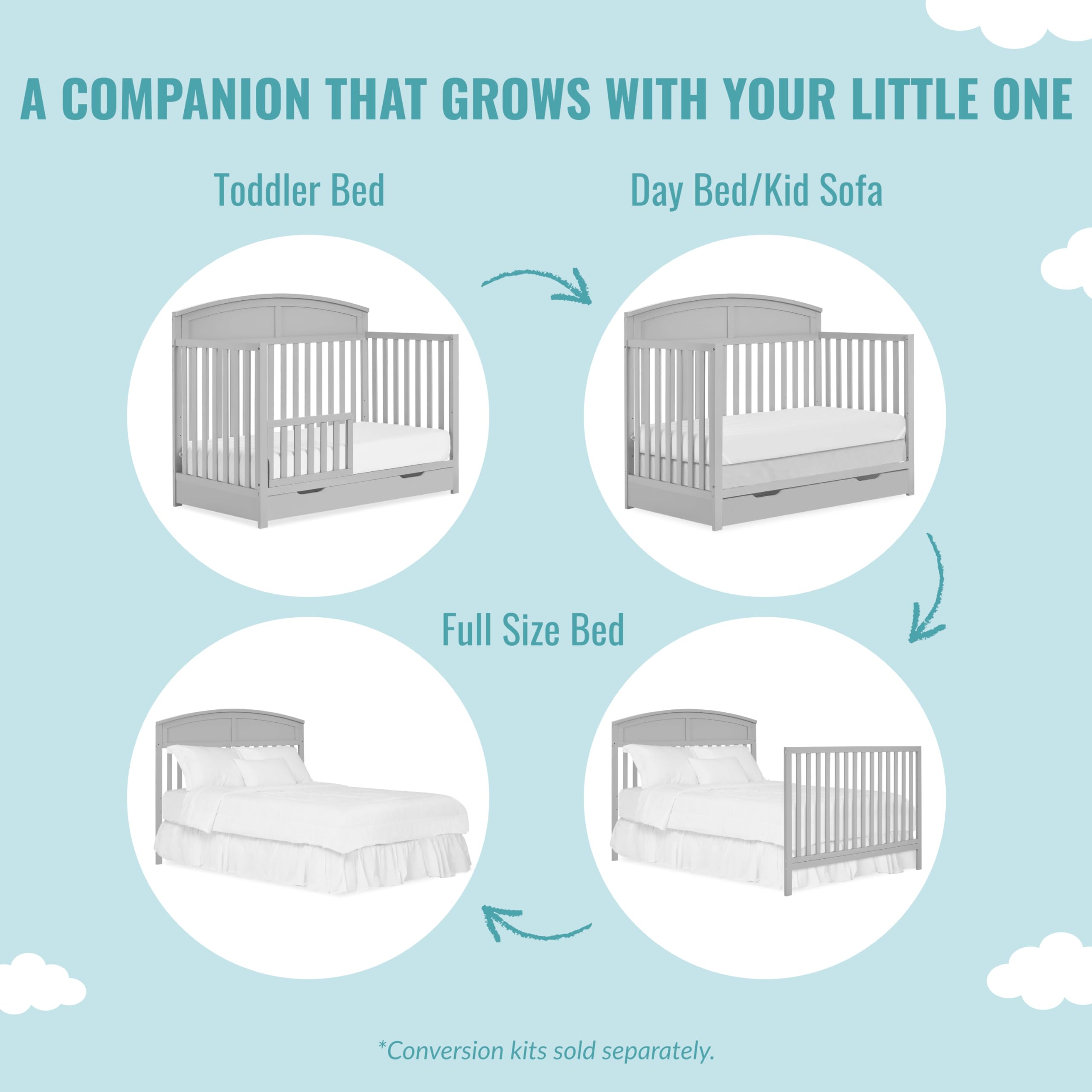 Storybrooke 5 in 1 Convertible Crib with Under Drawer in Pebble Grey