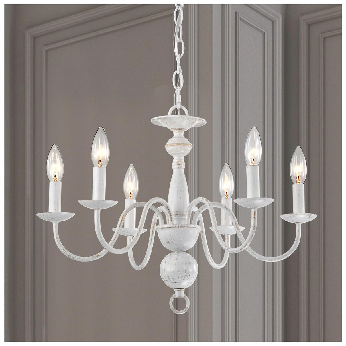 French Country Chandelier 6-Light Modern Farmhouse Chandelier for Dining Room Rustic Chandelier for Bedroom White Metal Chandelier Candle Style for Kitchen