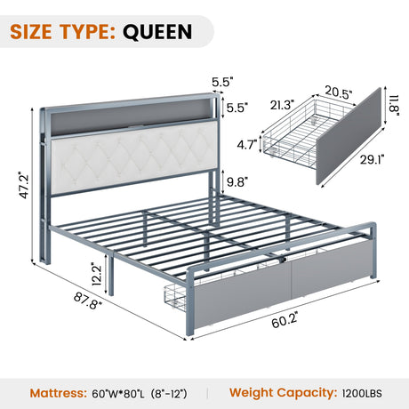 Queen Bed Frame with Upholstered Headboard and Storage,Metal Platform Bed Frame Queen Size with 2 Drawers/LED Lights/Charging Station/Footboard/Metal Slats Support,No Box Spring Needed,Noise Free,Grey