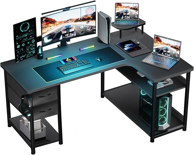 Gaming Desk with Drawers, Carbon Fiber Style L Shaped Computer Desk Compatible