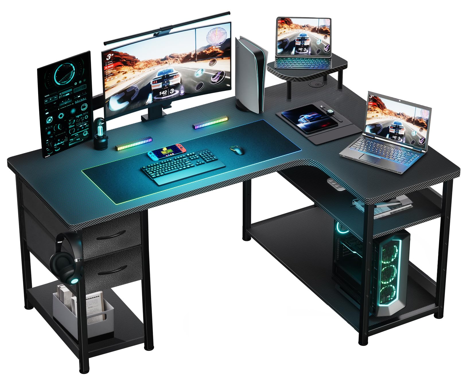 Gaming Desk with Drawers, Carbon Fiber Style L Shaped Computer Desk Compatible