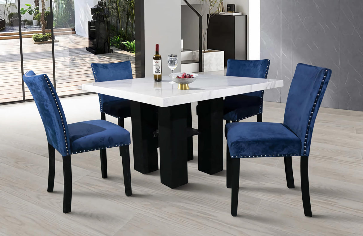 5-Piece Square Dining Set with White Faux Marble Top and Blue Upholstered Chairs