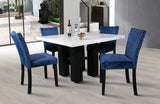 5-Piece Square Dining Set with White Faux Marble Top and Blue Upholstered Chairs