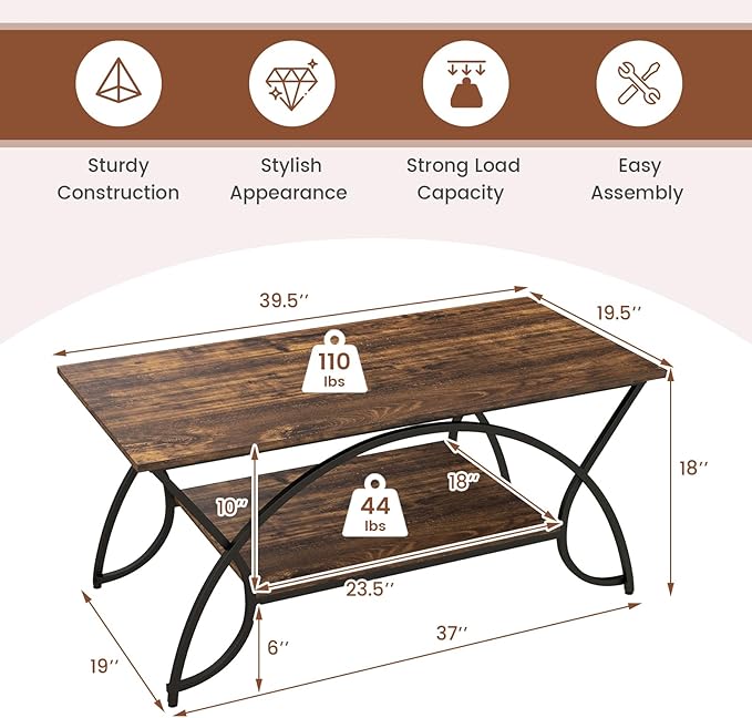 2-Tier Rectangular Coffee Table, Wood Grain Table with Open Storage Shelf