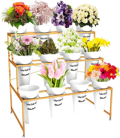 Flower Display Stand With 12PCS Buckets, 3 Layers Metal Plant Stand with Wheels
