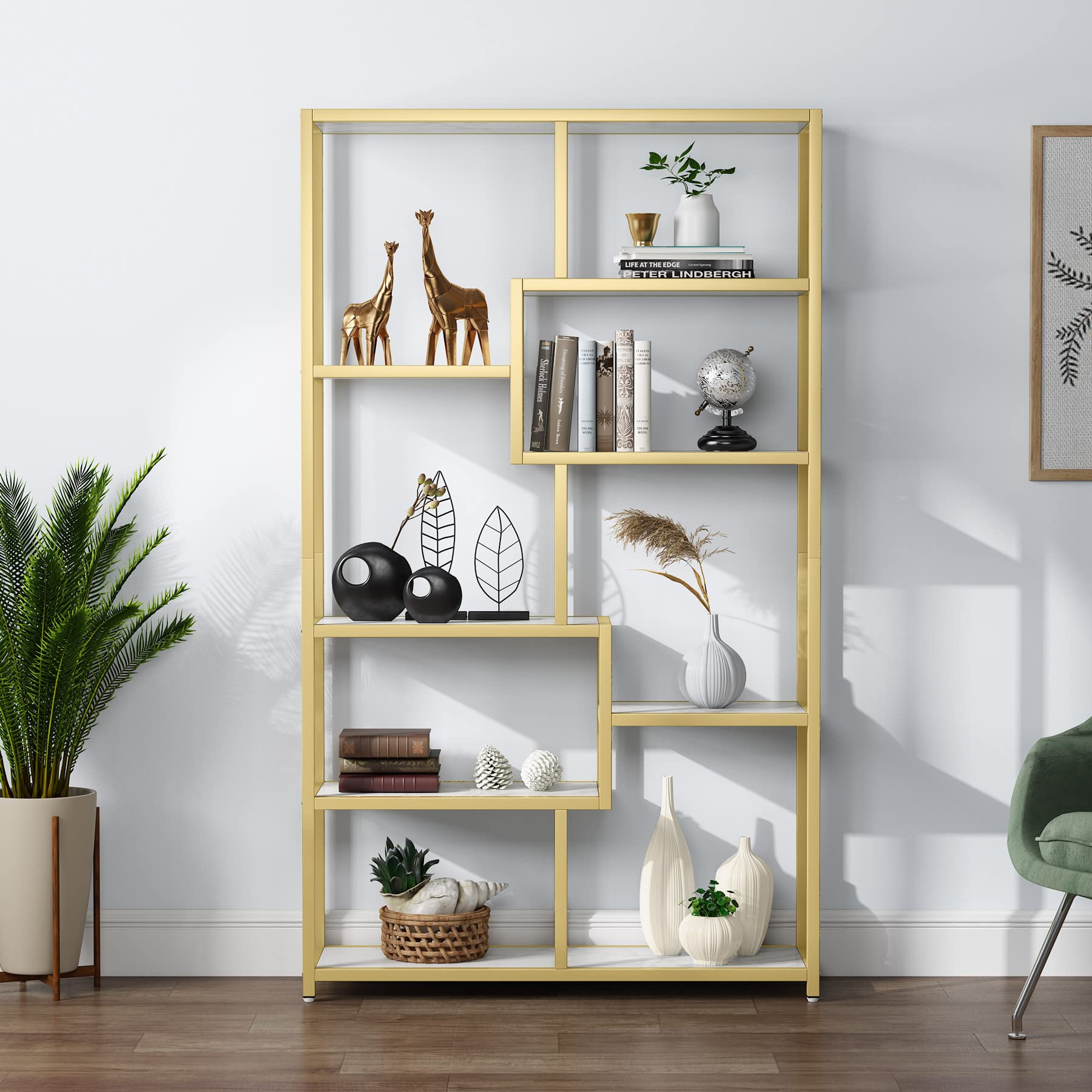 Bookshelf Bookcase, Gold 8-Open Shelf Etagere Bookcase with Faux Marble, Modern