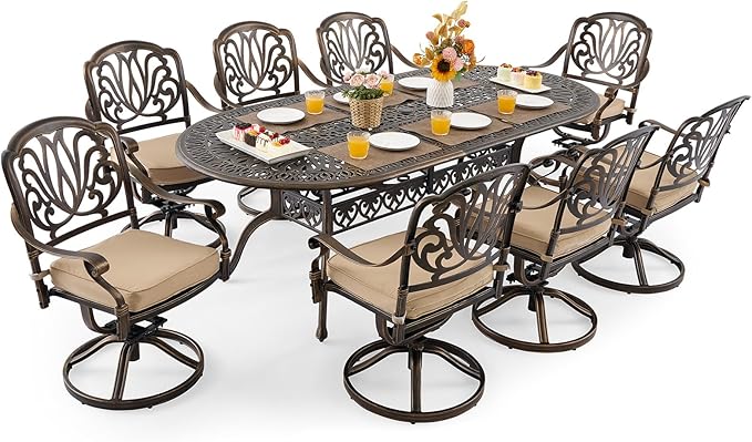 7 Piece Cast Aluminum Outdoor Dining Set Retro Patio Dining Set for 6 Includes 59” Rectangular Table and 6 Chairs