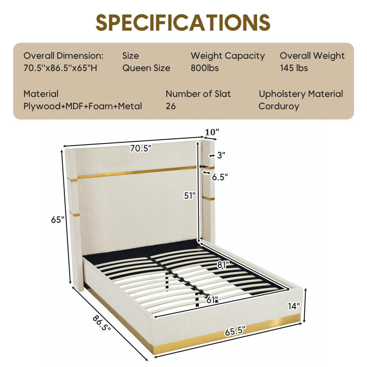 Yogald Queen Size Tall Wingback Headboard Bed Frame, Corduroy Upholstered Gold Trim Platform Bed/No Box Spring Required/Wooden Slats/Beige