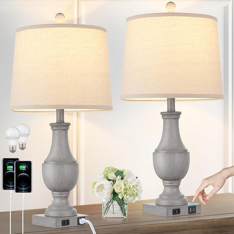 Farmhouse Table Lamps Set of 2, Rustic Touch Control Bedside Lamps with 2 USB Ports &