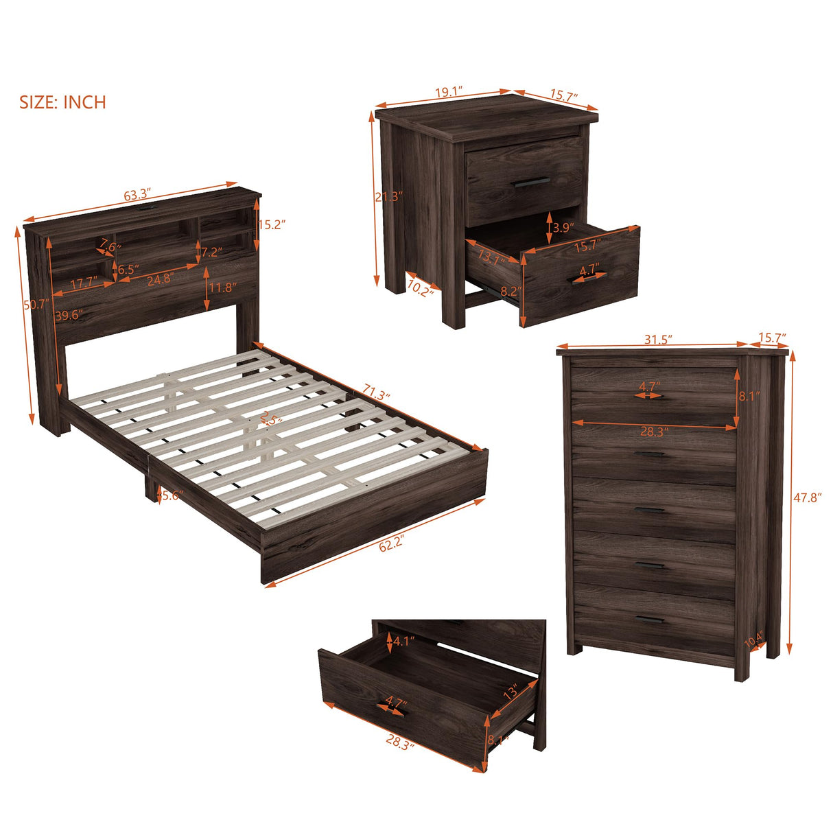 4-Pieces Bedroom Sets, Queen Size Platform Bed Frame with 2 Nightstands and 1 Dresser,