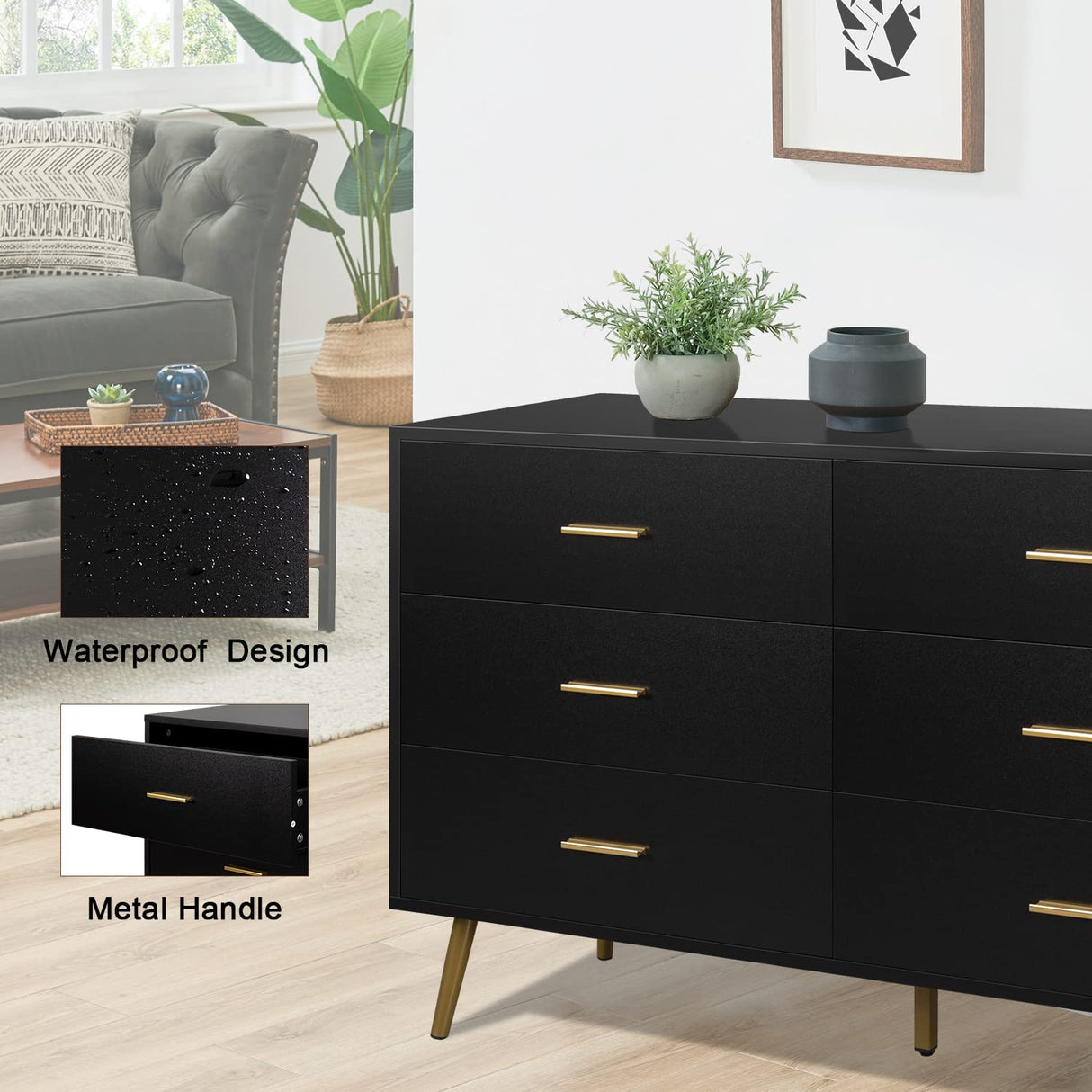 Dresser for Bedroom with 6 Drawers, Wooden Black Dresser with Golden Handles, Modern Chests of Drawer Storage Organizer for Hallway, Entryway