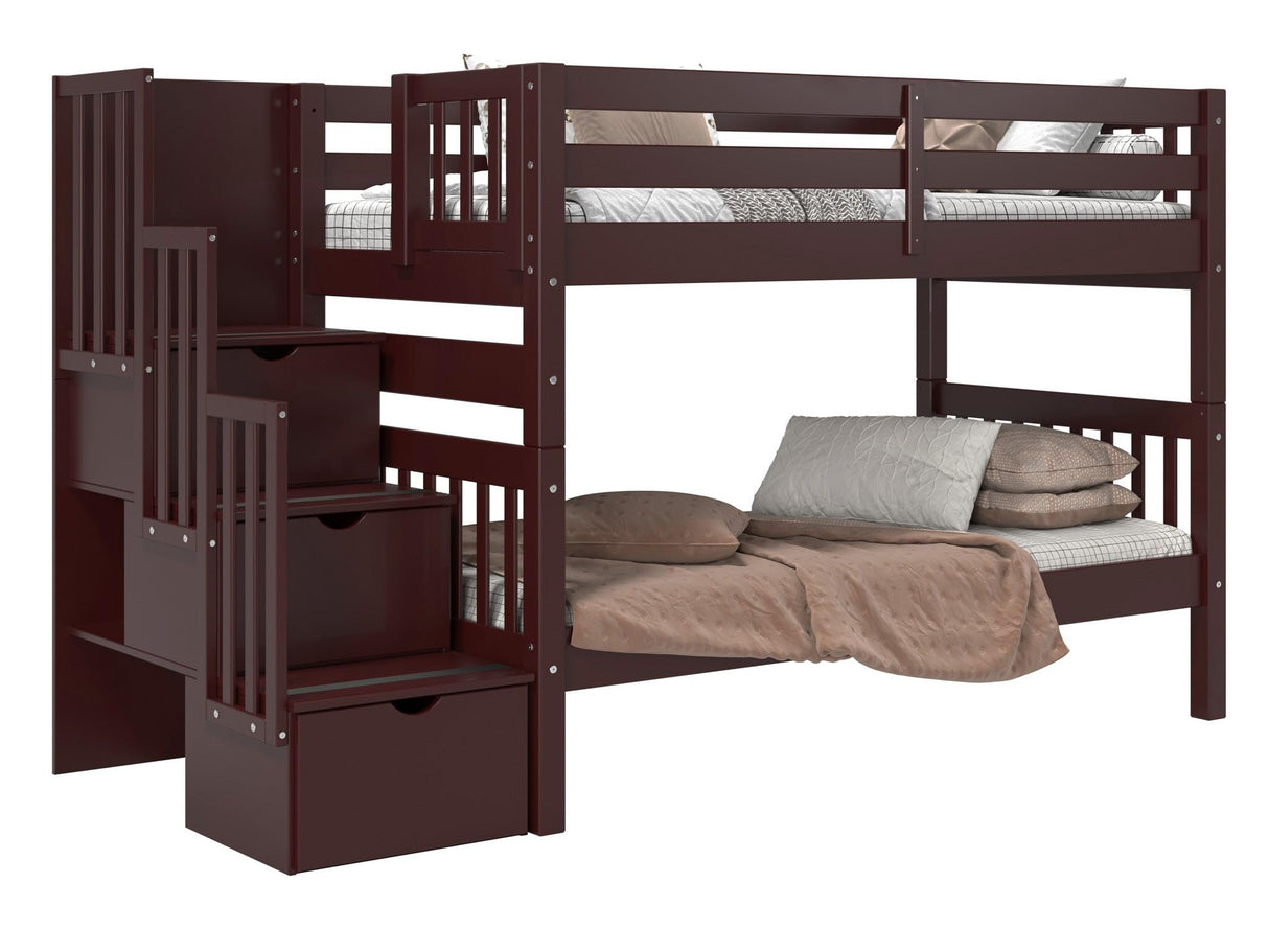 Bedz King Stairway Bunk Beds Twin over Twin with 3 Drawers in the Steps, Dark Cherry