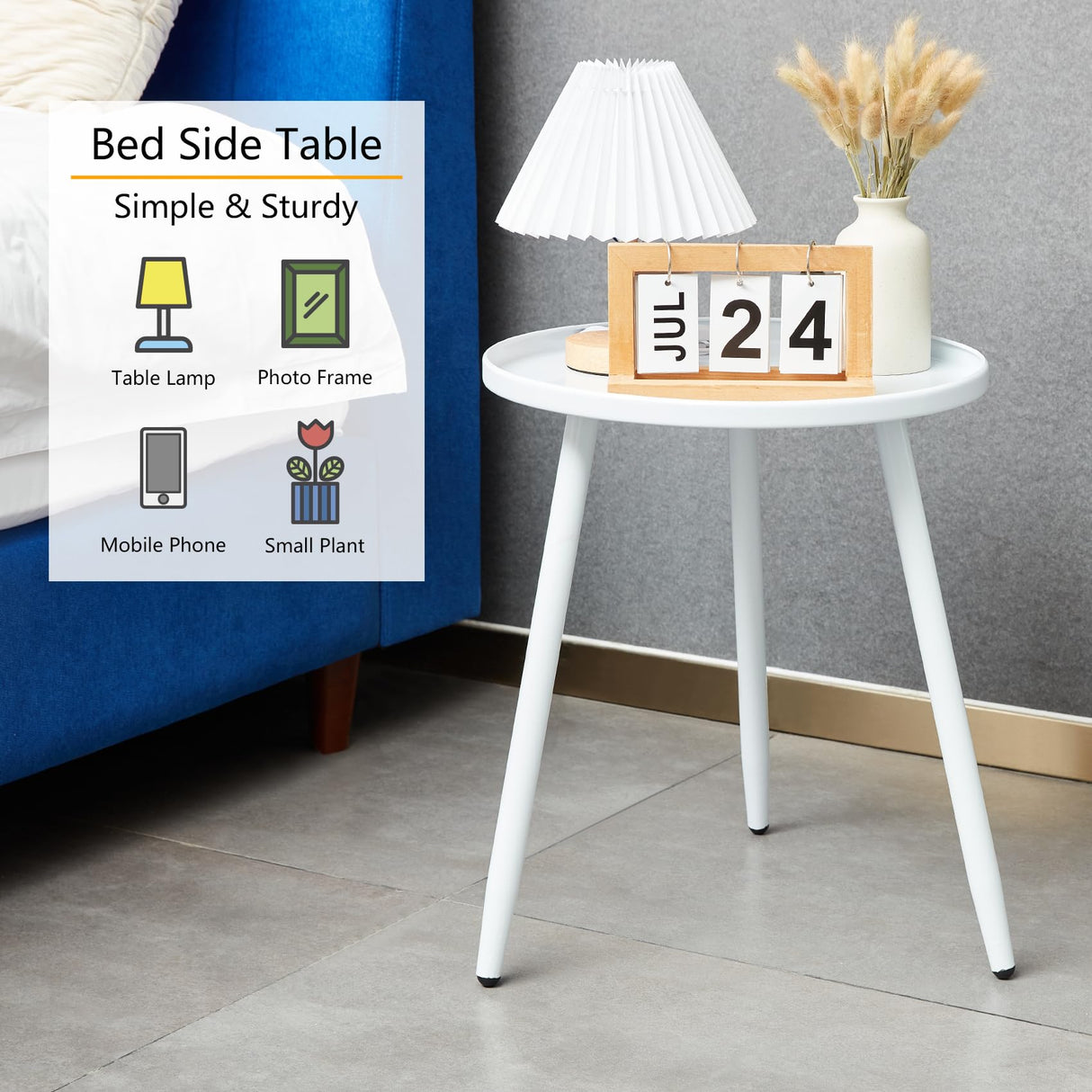 End/Side Tables - Small Round Accent Table, Metal White Narrow Night Stands