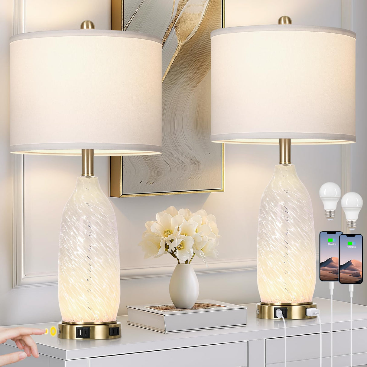 26" Modern Clear Glass Table Lamps Set of 2,Nightstand Lamp with USB A+C Ports & AC