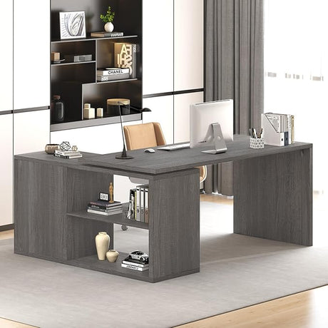 Gray L Shaped Corner Desk with Storage Shelves, Reversible L Shape Computer Desk