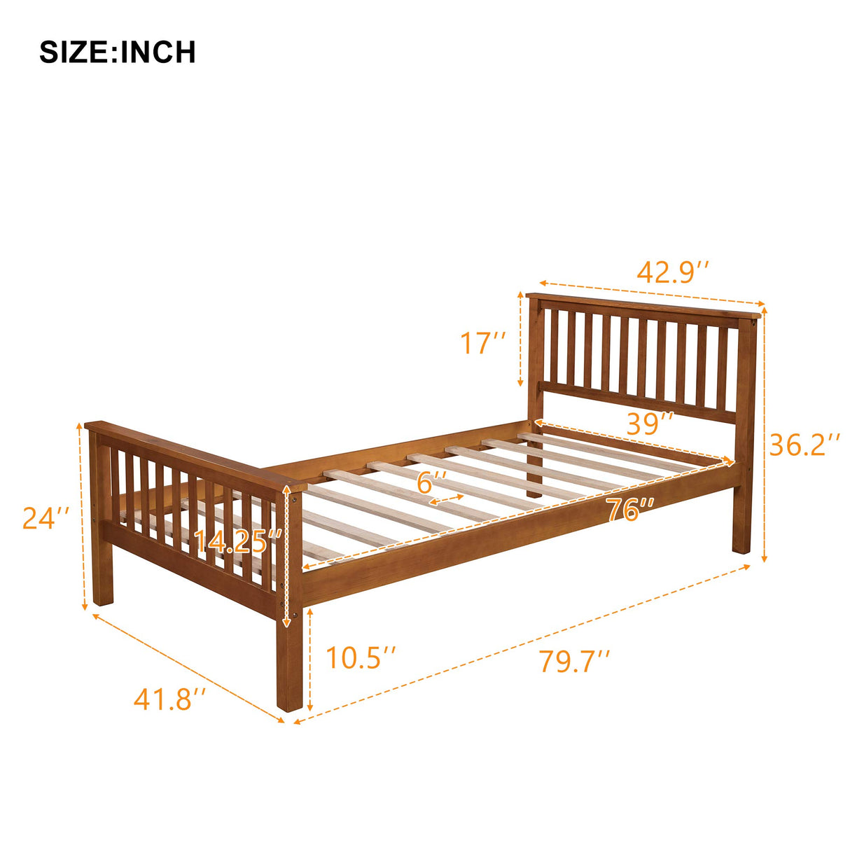 Twin Bed Frame with Headboard and Footboard - Oak Wood Platform