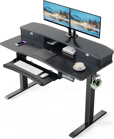 48" x 26" Electric Standing Desk with 2 Drawers & 26.7" Large Keyboard Tray, C-Clamp Mount Compatible, Adjustable Computer Desk for Home Office, Stand Up Desk with 4 Height Presets, Black