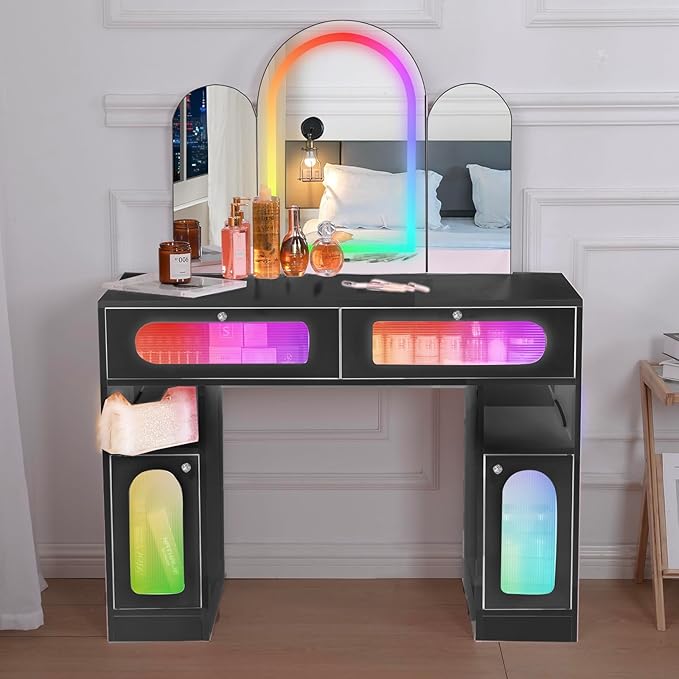 RGB Vanity Desk with Mirror and Lights,LED Makeup Table with Tri-fold Mirror,2 Drawers