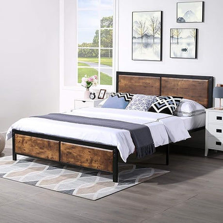 Queen Size Platform Bed Frame with Rustic Vintage Wood Headboard