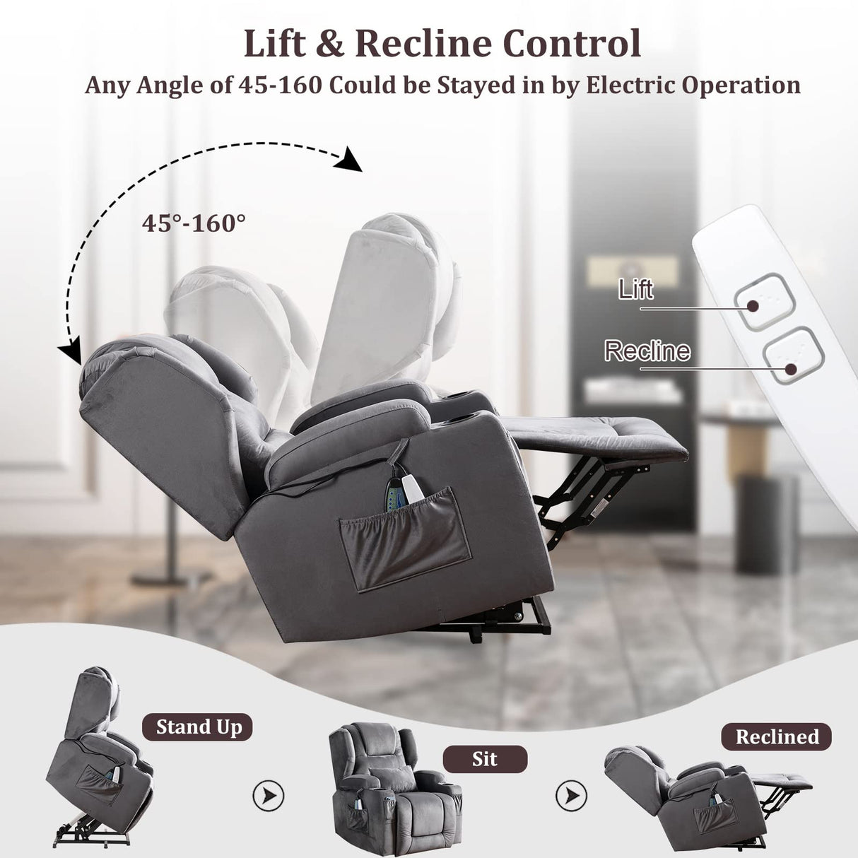 Power Recliner Chair with Massage and Heat Velvet Electric Reclining Ergonomic