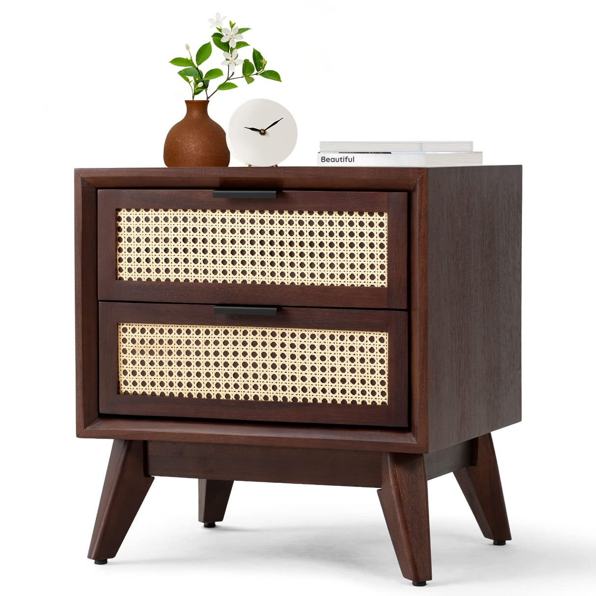 Jasper Deluxe Solid Wood Rattan Nightstand Fully Assembled-Mid Century Modern Side