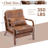 Modern Accent Chair Set of 2 Living Room- Comfy Solid Wood Arm Chair with Lumber Pillow Lounge Decorative Brown Leather Office Side Chair Bedroom Reading Nook Sillas De Sala Microfiber