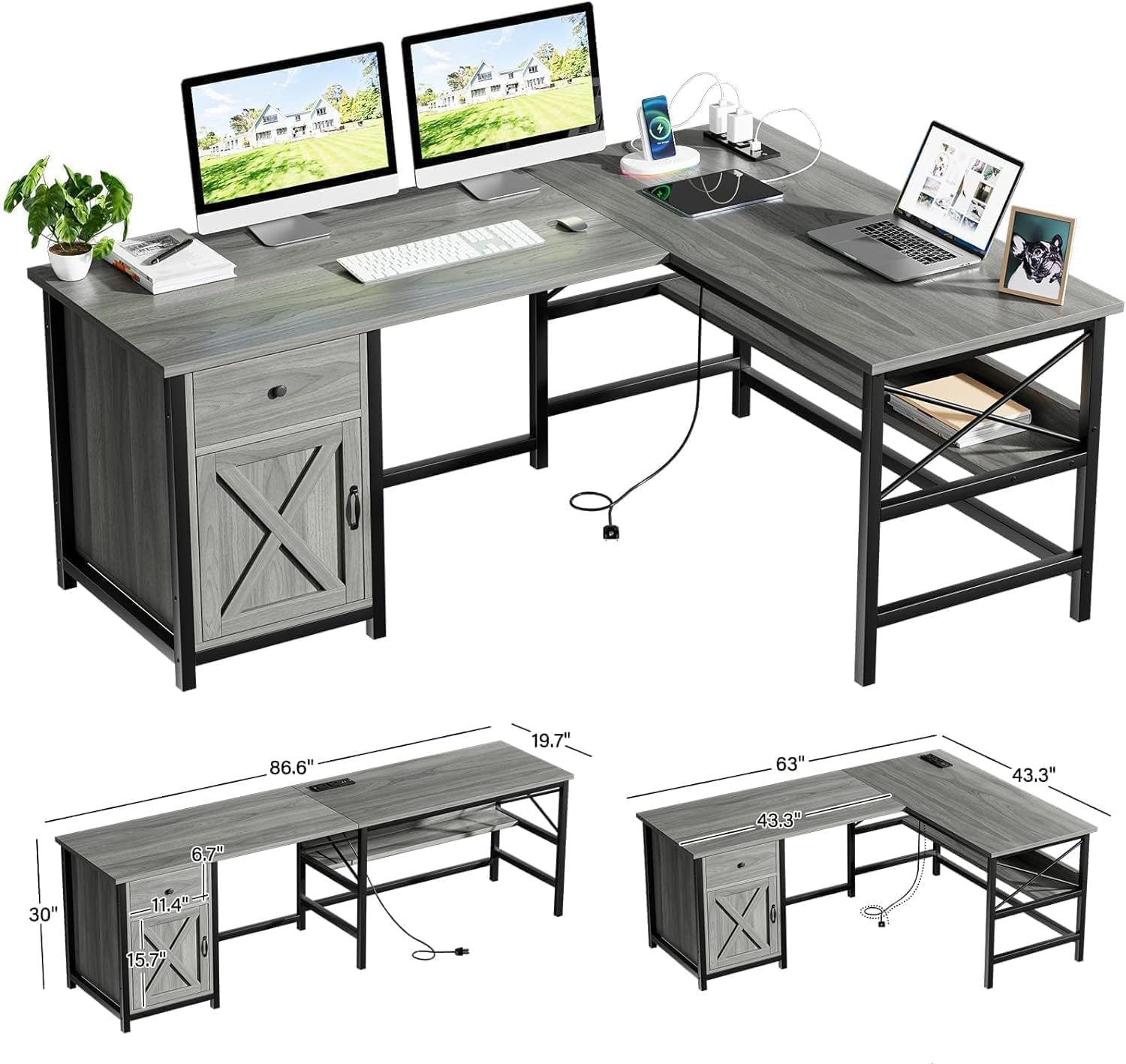 L Shaped Desk with Storage Drawer&Shelves, 63” Farmhouse Corner Computer Desk