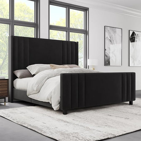 King Size Platform Bed Frame, Upholstered Bed with Vertical Channel Tufted Wingback Headboard & Footboard,