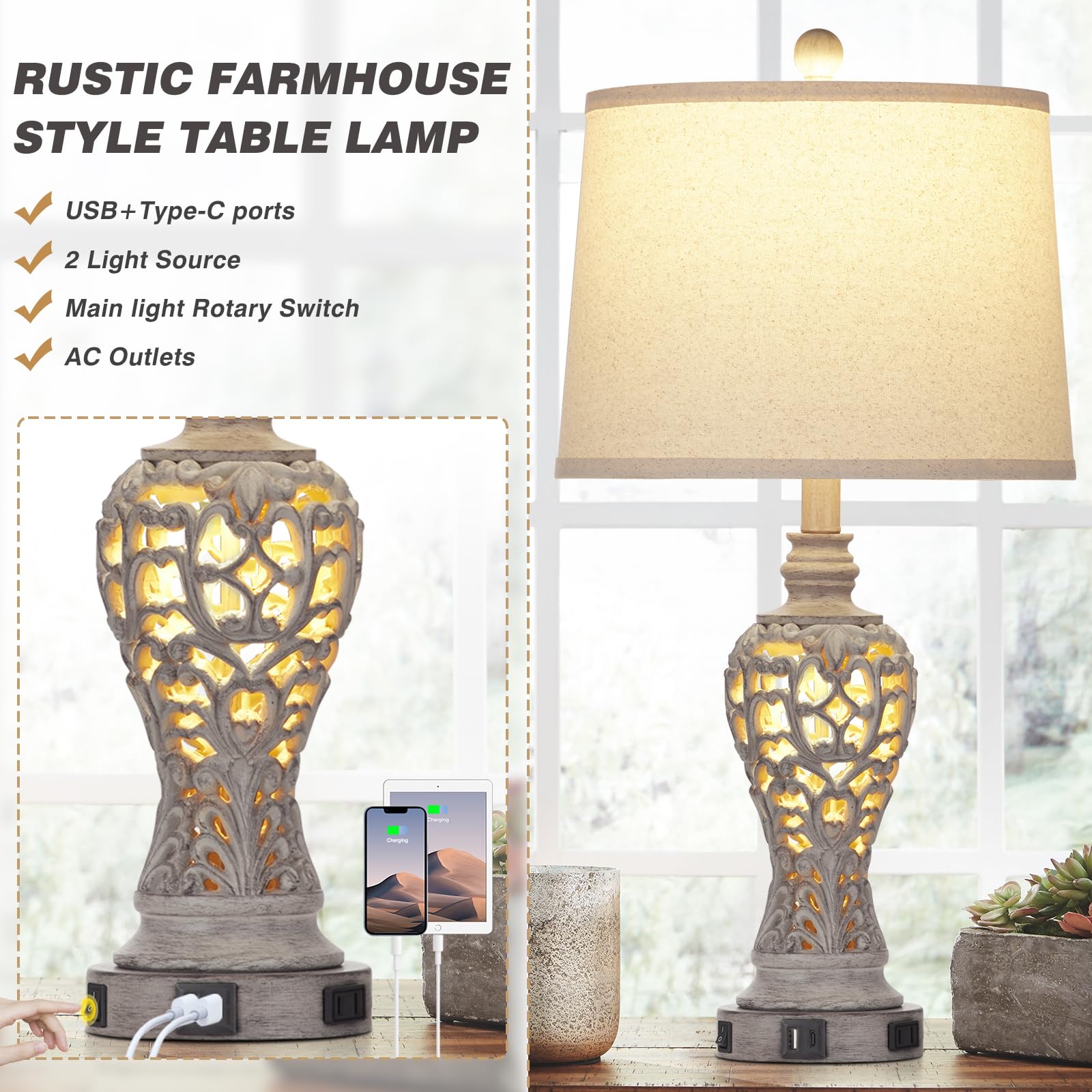 Farmhouse Table Lamps Set of 2 with Nightlight, Rustic Bedside Lamps