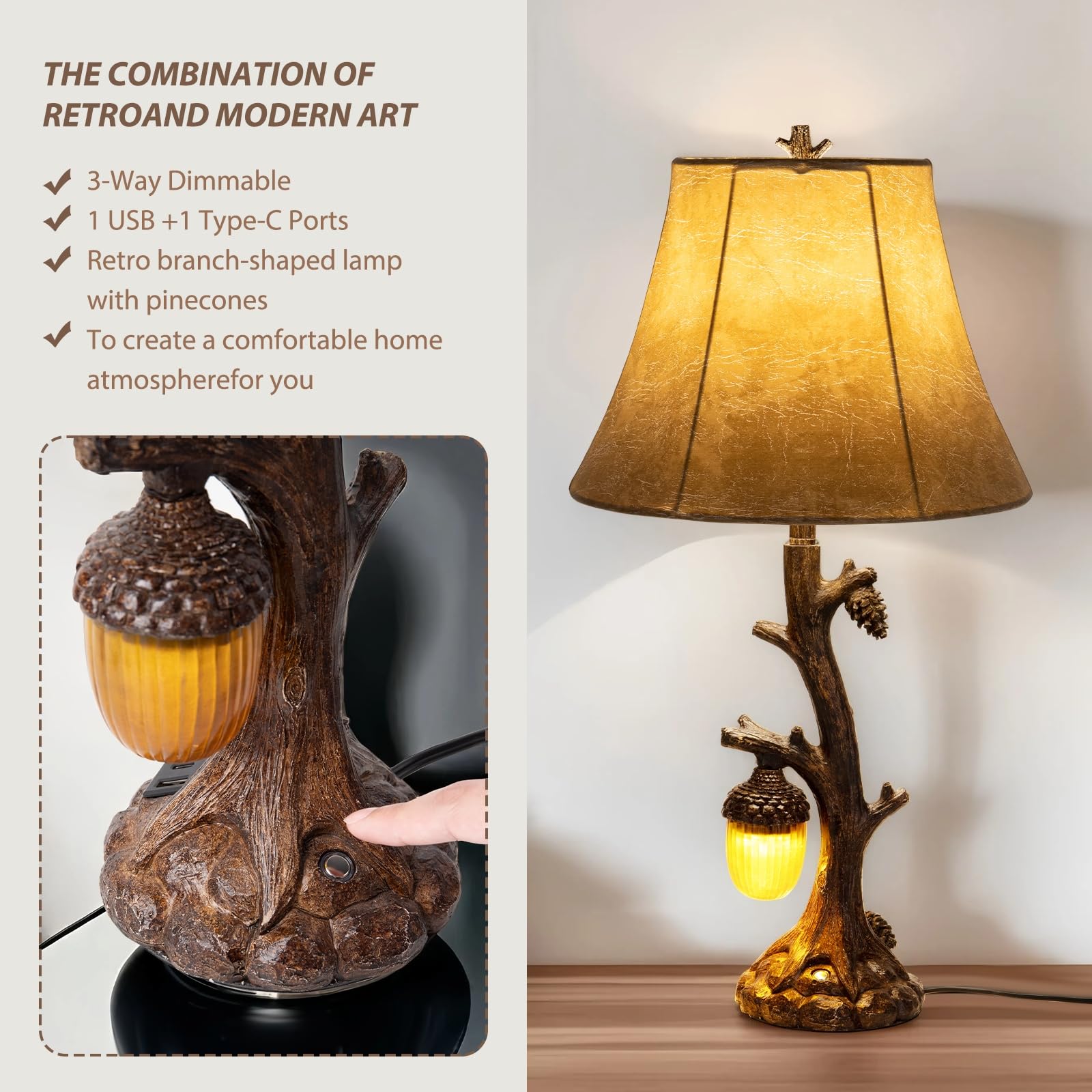 Vintage Rustic Table Lamp with USB Charging & 3-Level Brightness