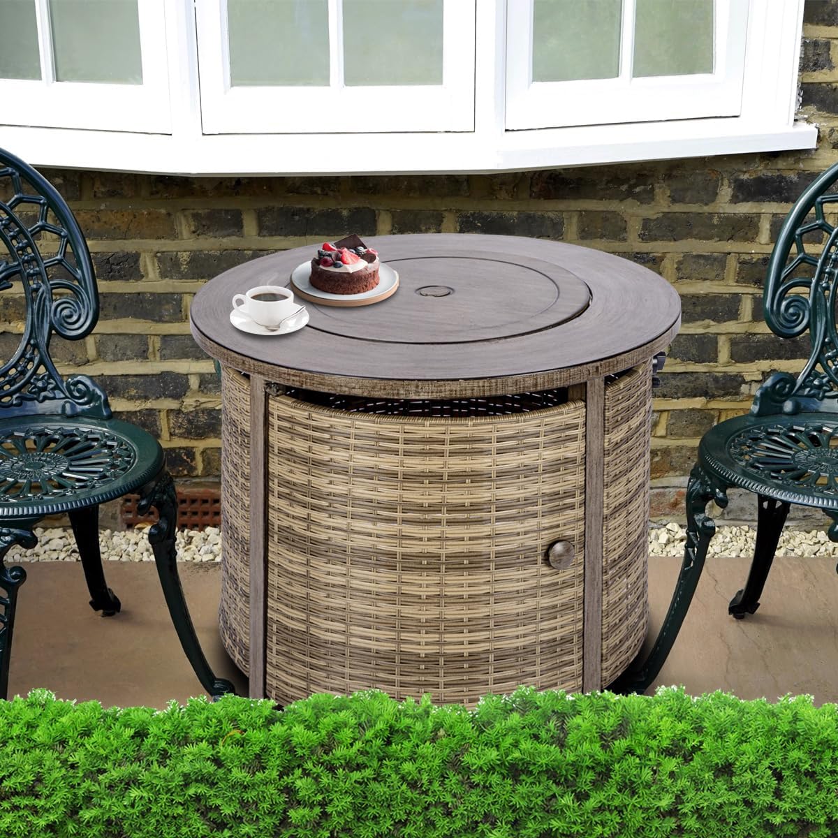 OutVue 32 inch Propane Fire Pit Table,Wicker Gas Fire Pits Table with Lid & Lava Rocks, 50000 BTU Round Propane Firepit for Outside, Fire Table for Dining,Party, Patio,Yard - Bircata