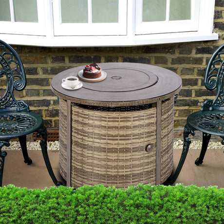 OutVue 32 inch Propane Fire Pit Table,Wicker Gas Fire Pits Table with Lid & Lava Rocks, 50000 BTU Round Propane Firepit for Outside, Fire Table for Dining,Party, Patio,Yard - Bircata