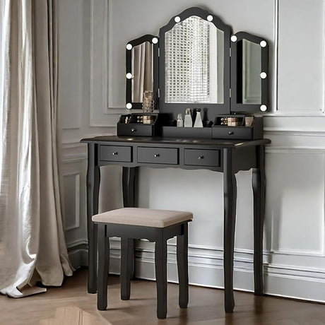 Table, Vintage Vanity Desk with Mirror and Lights, Tri-Fold Mirror Small Makeup Vanity