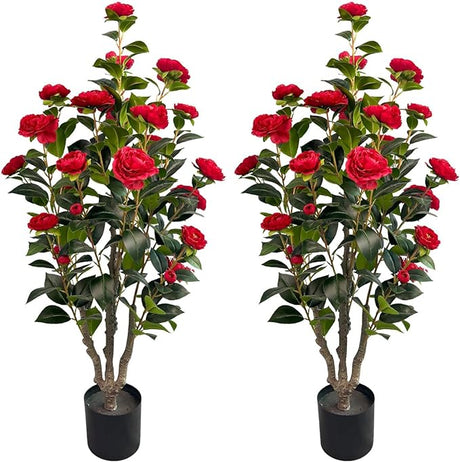 3.4ft Artificial Camellia Tree | Red Flowers & Green Leaves | Indoor Outdoor Decor