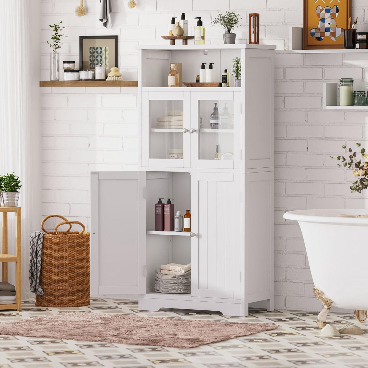 Bathroom Storage Cabinet, Bathroom Cabinet with Open Storage, Kitchen Pantry Cabinet with Doors, Bathroom Floor Cabinet, 23.6 x 11.8 x 50.4 Inches,