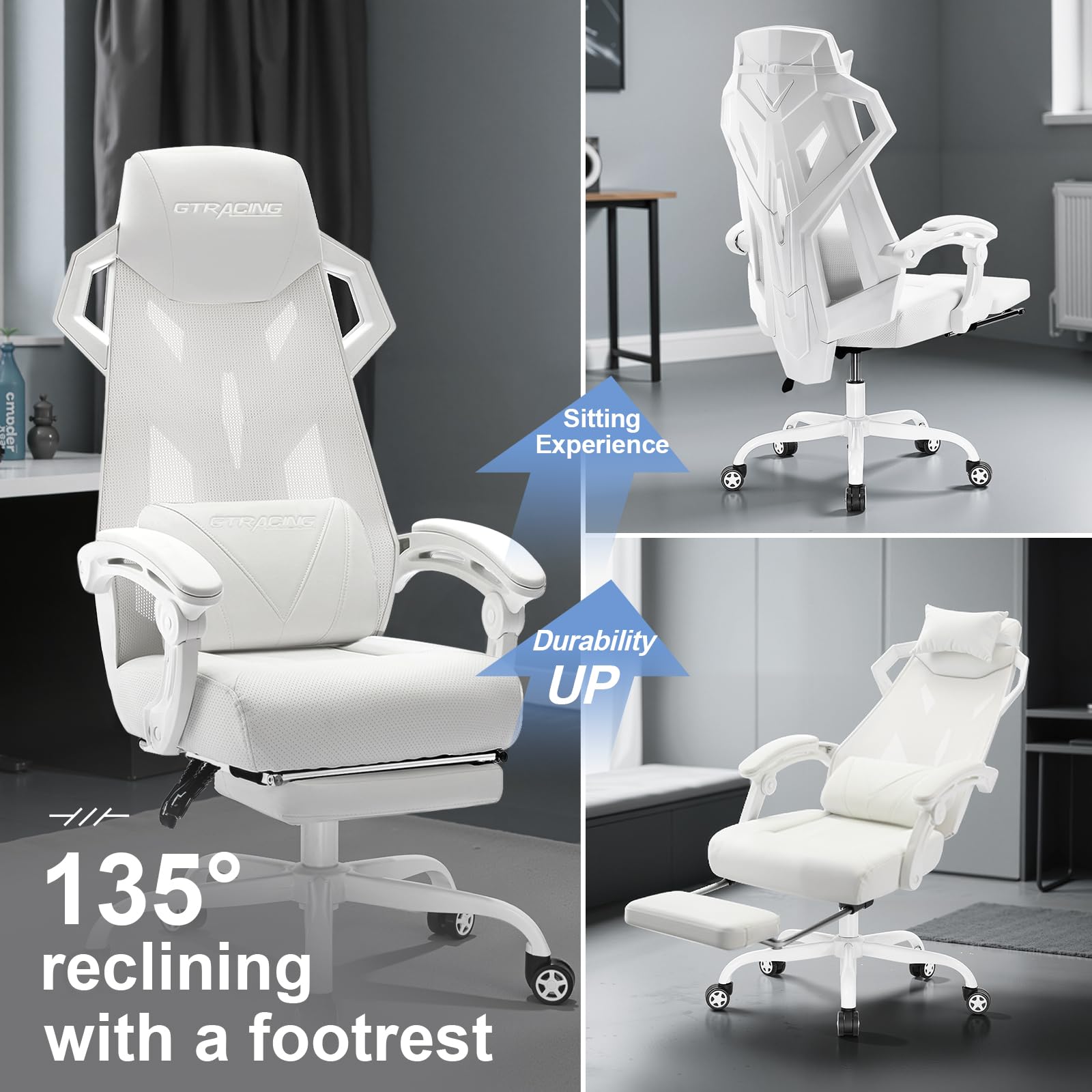 Ergonomic Gaming Chair with Mesh Back and Footrest - White