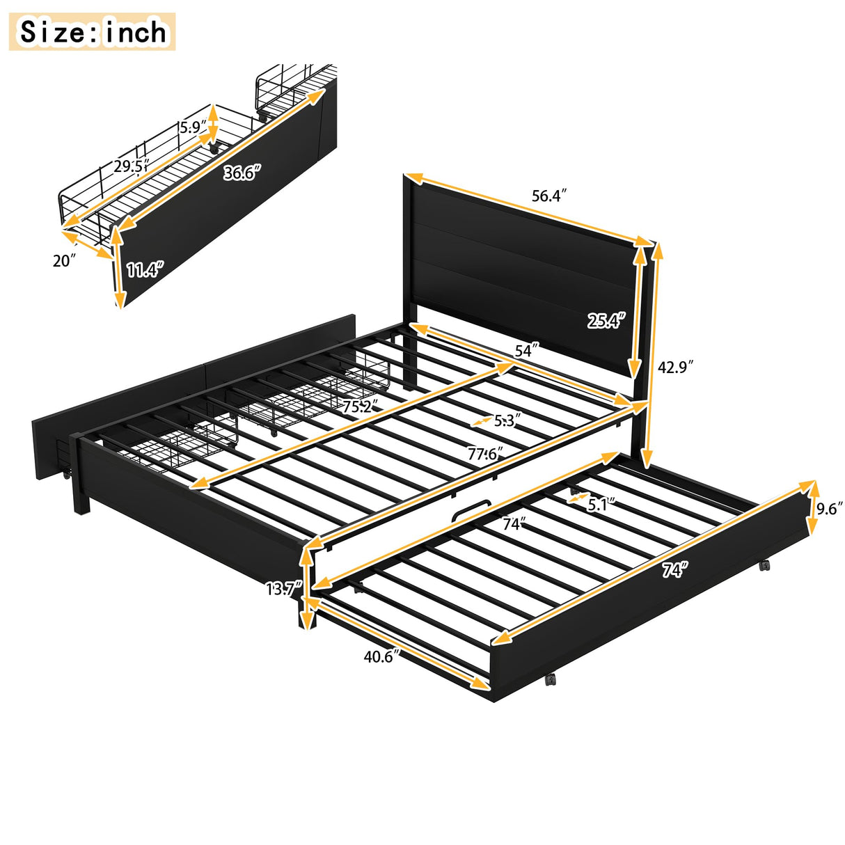 Metal Full Size Metal Platform Bed Frame with Twin Size Trundle and 2 Drawers for Kids