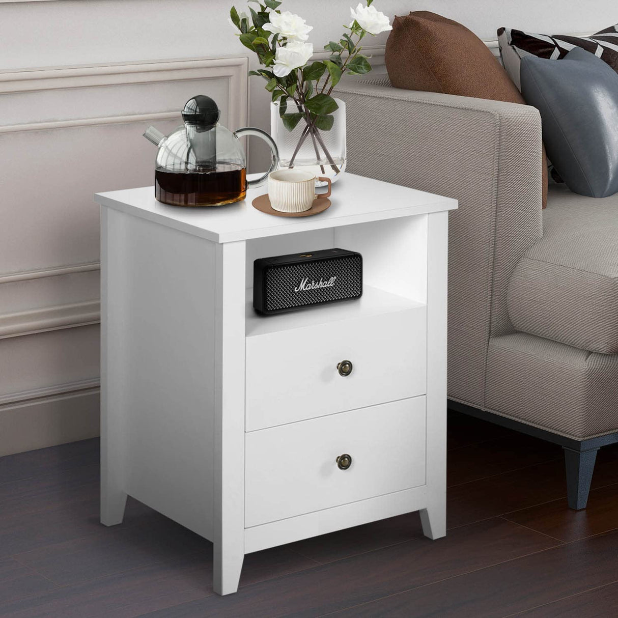 White Nightstand Set of 2, Bedroom Nightstand with 2 Storage Drawers