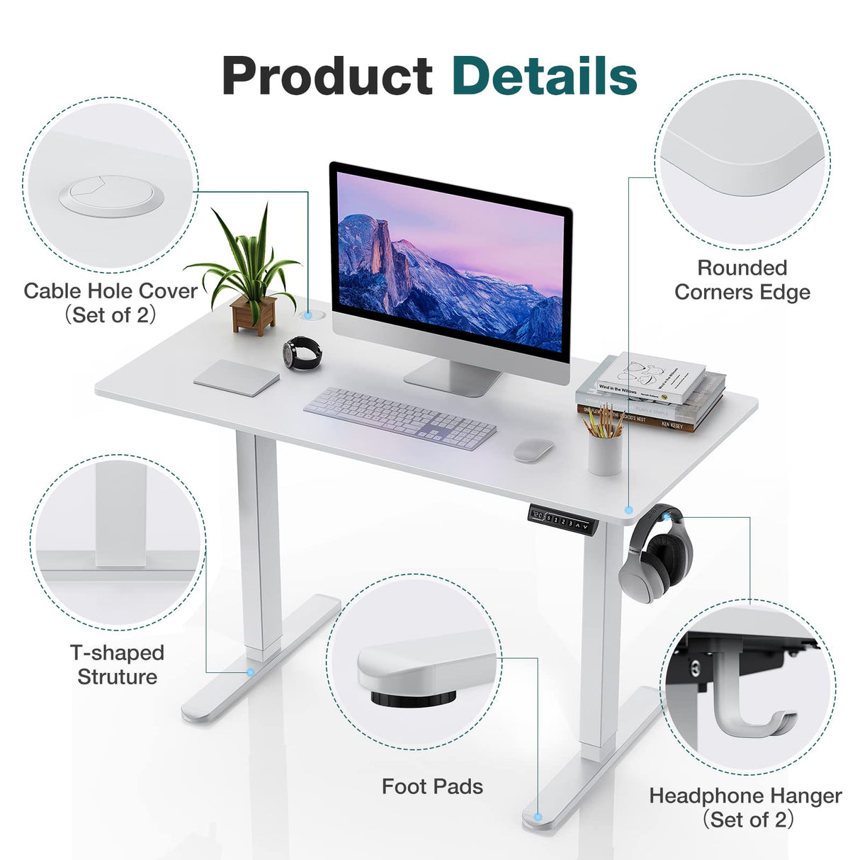 Sweetcrispy Electric Standing Desk, 55 x 24in Adjustable Height Electric Stand up Desk Standing Computer Desk Home Office Desk Ergonomic Workstation with 3 Memory Controller, White