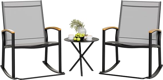 3 Piece Outdoor Rocking Bistro Set, Textilene Fabric Small Patio Furniture Set