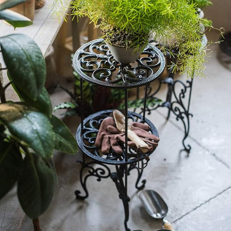 Heavy Duty Cast Iron Plant stand, 3 Tier Foldable Metal Plant Shelf, 24in Tall Vintage Flower