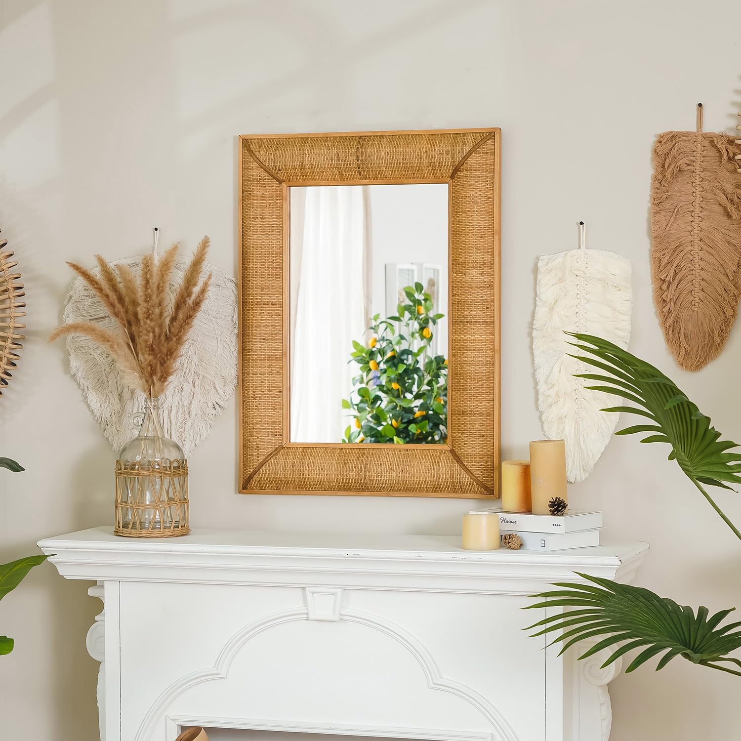 Boho Rattan Wall Mirror Wooden Framed Rectangle Mirror Rattan Decorative Farmhouse