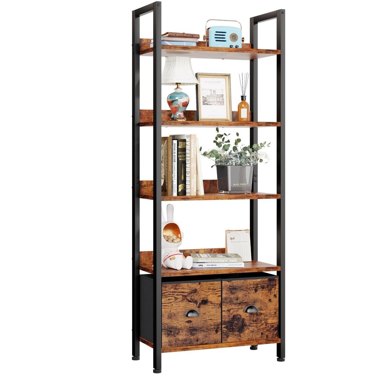 5-Tier Bookshelf, Tall Bookcase with 2 Storage Drawers, Industrial Display Standing Shelf