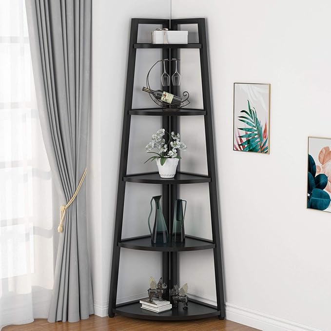 70 inch Tall Corner Shelf, 5 Tier Rustic Corner Bookshelf Bookcase Industrial Corner Ladder Shelf Plant Stand for Living Room, Kitchen, Home Office (Brown)