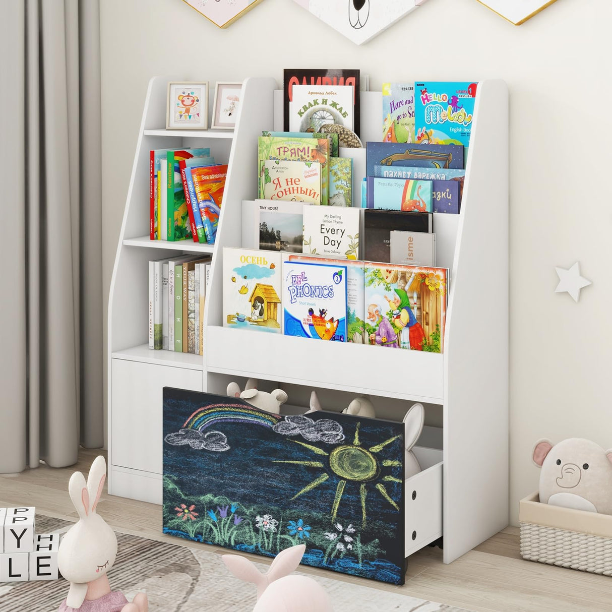 Bookshelf and Toy Storage Organizer with Pull-Out Drawers, White Children Small Book