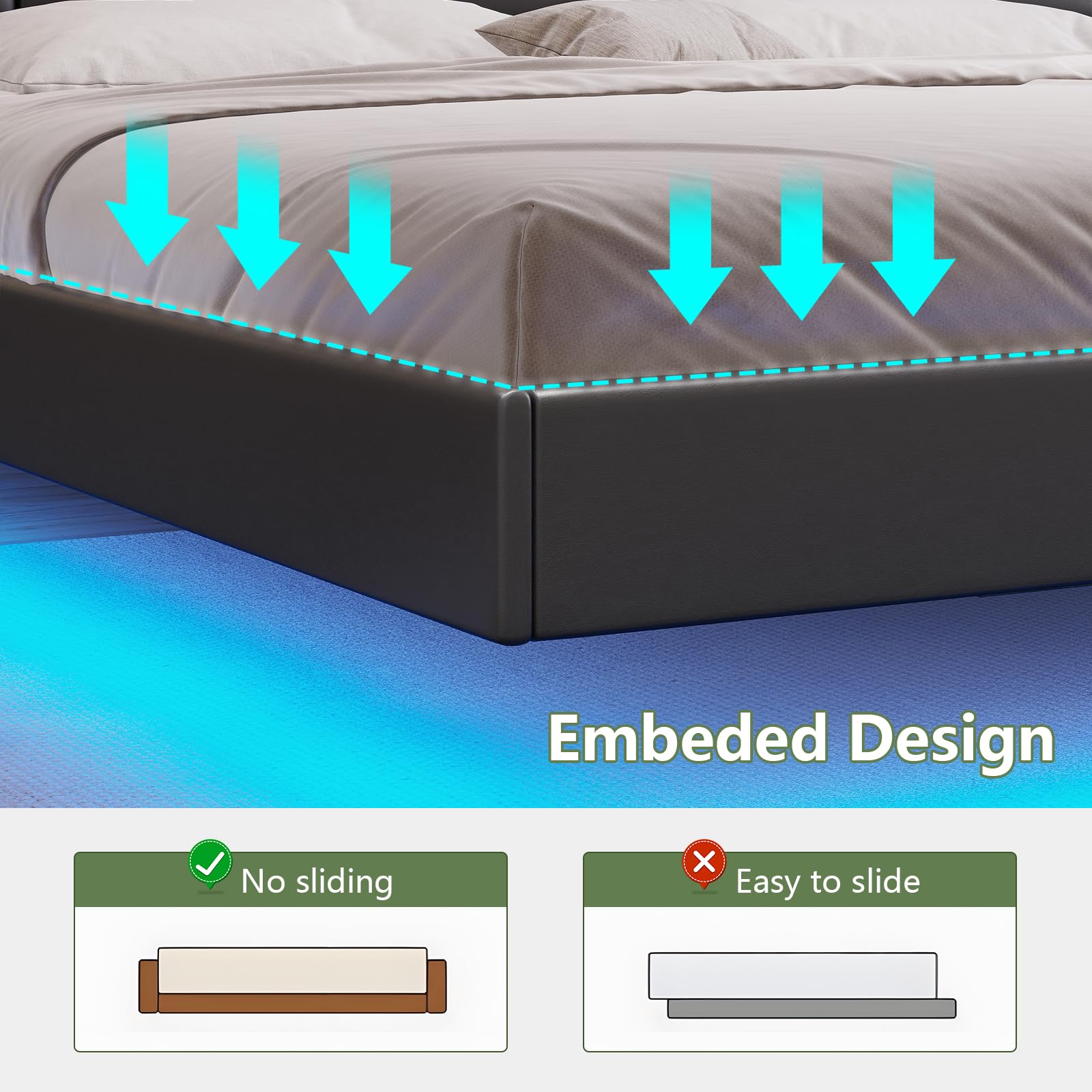 Floating Queen Bed Frame with LED Lights & Charging Station