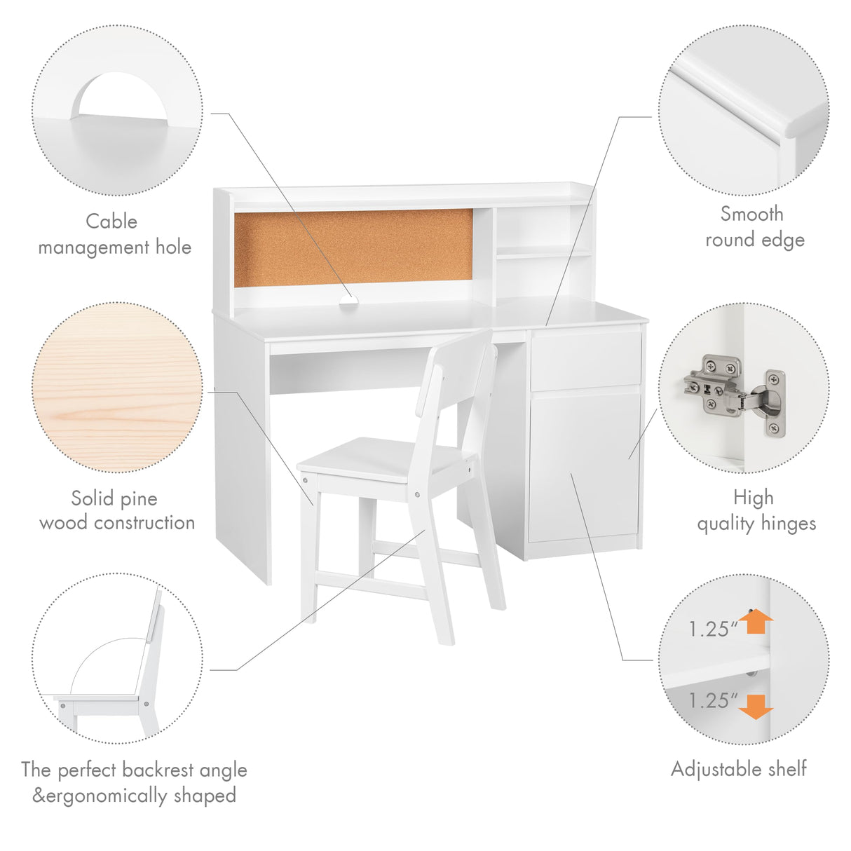 Study Desk with Chair, Kids Desk and Chair Sets with Hutch and Storage Cabinet, Wooden Children Study Table, Student Writing Desk Computer Workstation for 5-12 Years Old